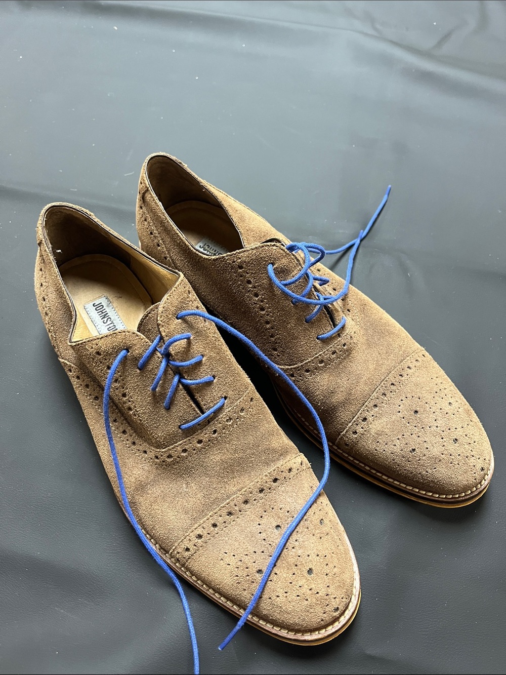 Johnston & Murphy Tan Suede Cap-Toe Oxfords with Blue Laces